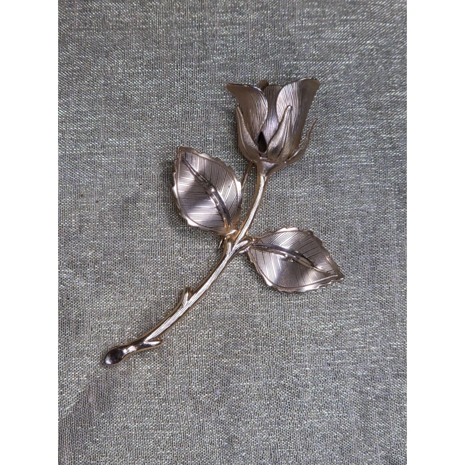 Vintage Gold Tone Rose Brooch Long Stem Floral Pin Textured Petals 3.25 Inch